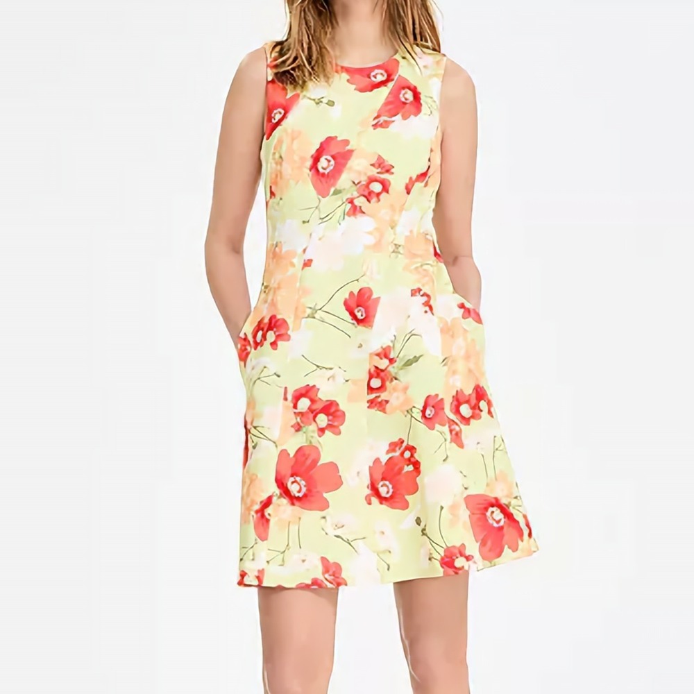 Vince Camuto Printed Scuba Fit & Flare Sleeveless Floral Lime Dress Womens 2 NWT